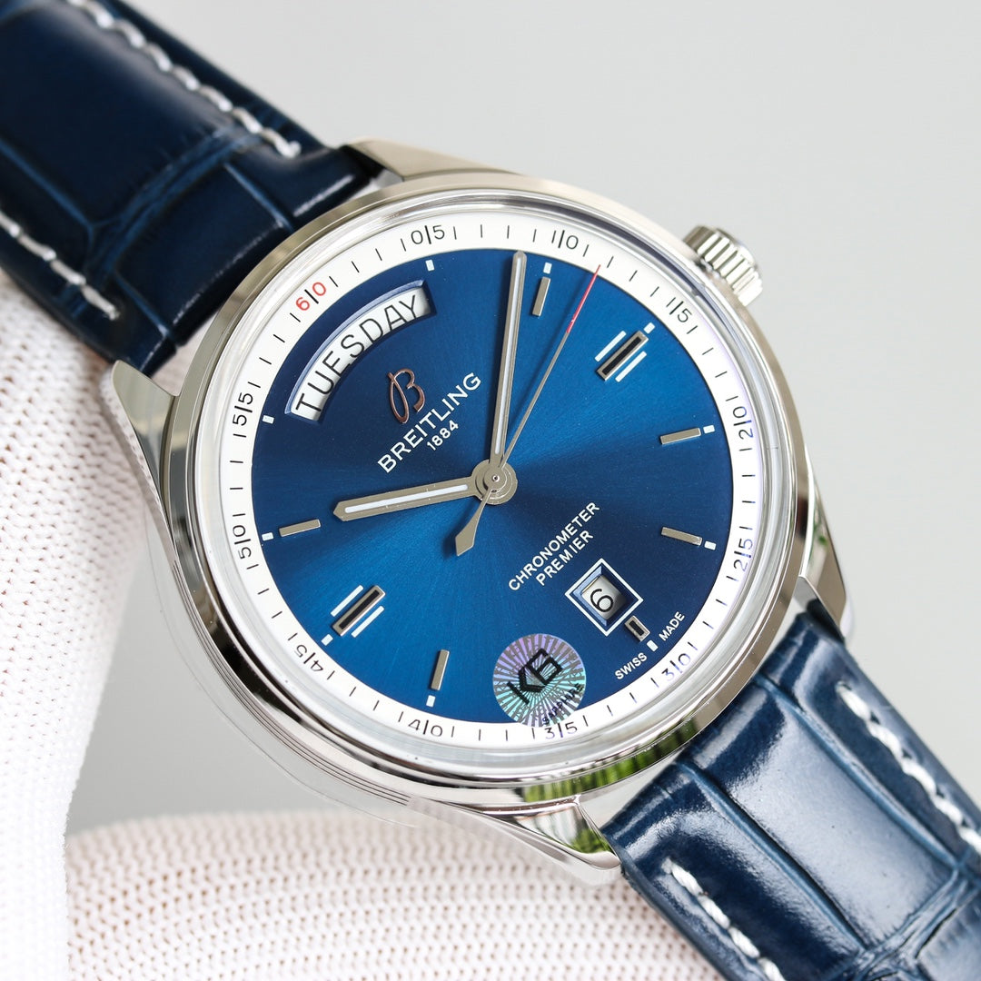 PREMIER DAY DATE 40 STAINLESS STEEL LEATHER STRAP