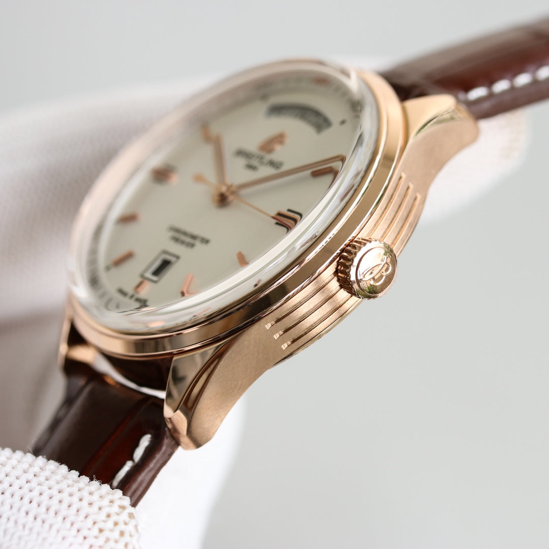 PREMIER DAY DATE 40 STAINLESS STEEL LEATHER STRAP