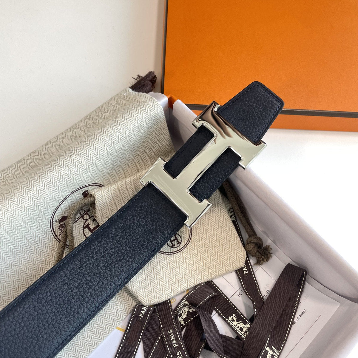 H CONTANCE BELT 38MM SILVER BUCKLE BLUE LEATHER