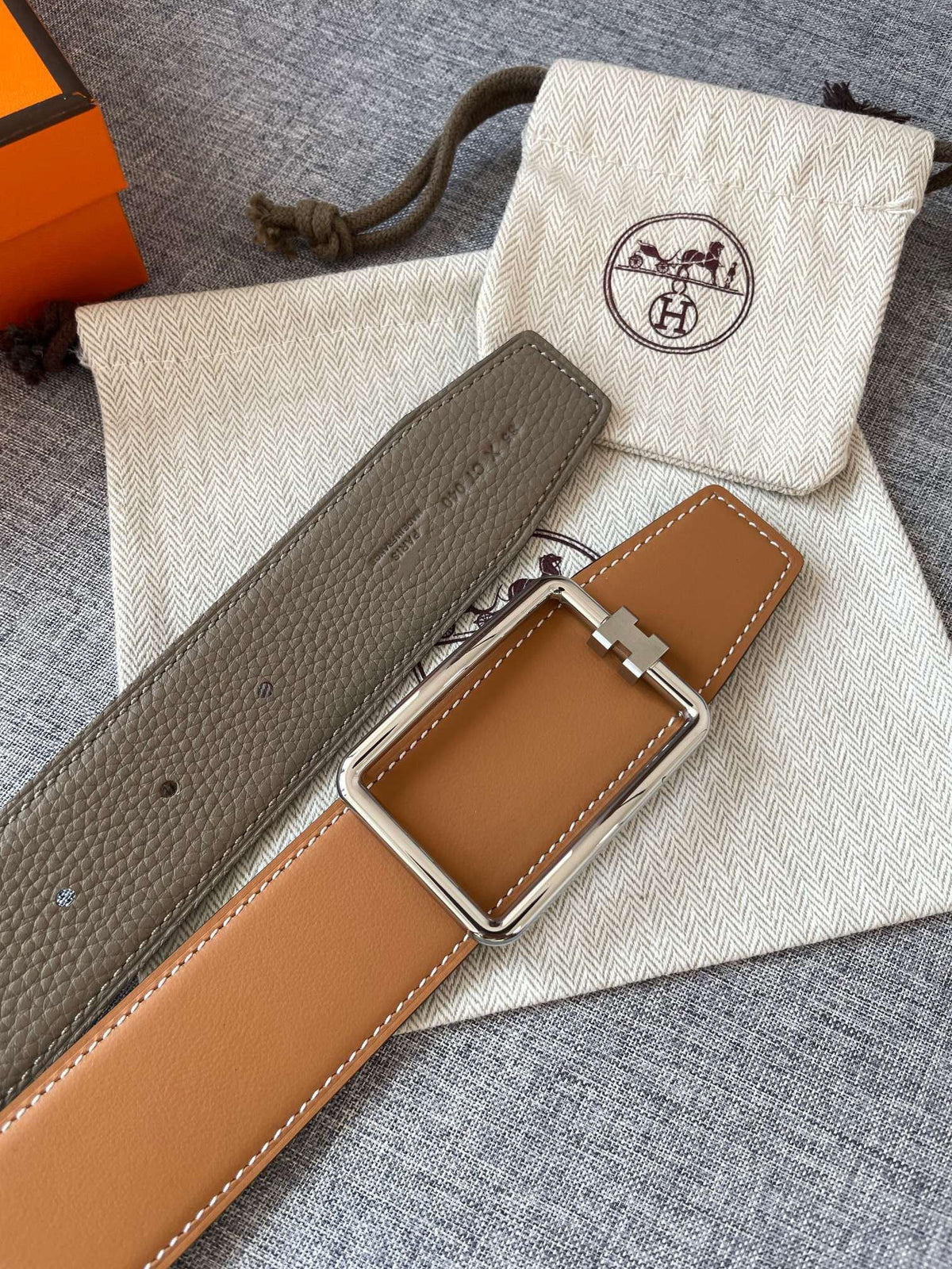 H TUBE BELT 38MM SILVER BUCKLE TIN GREY GOLD LEATHER