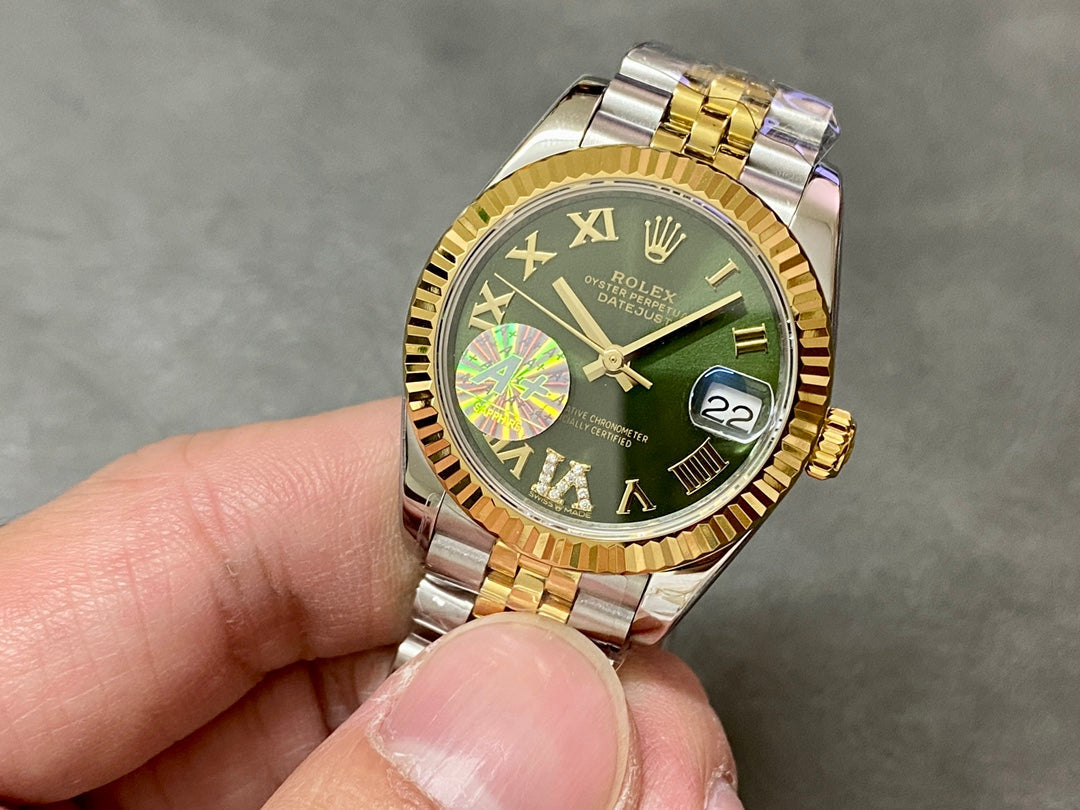 DATEJUST 31MM GOLD STEEL DIAMOND NUMERALS GREEN DIAL