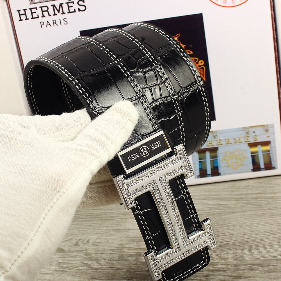 HM Original Belt 38mm Black Crocodile Pattern Sliver Buckle 620265