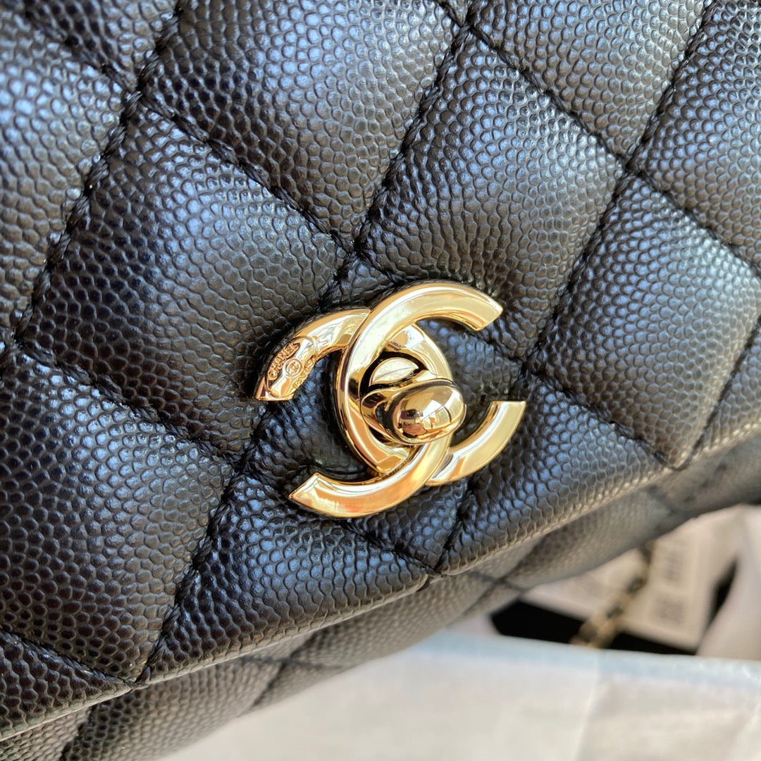 CC 24K Coco Hanle Mini 19cm Black Grained Calfskin Gold Hardware