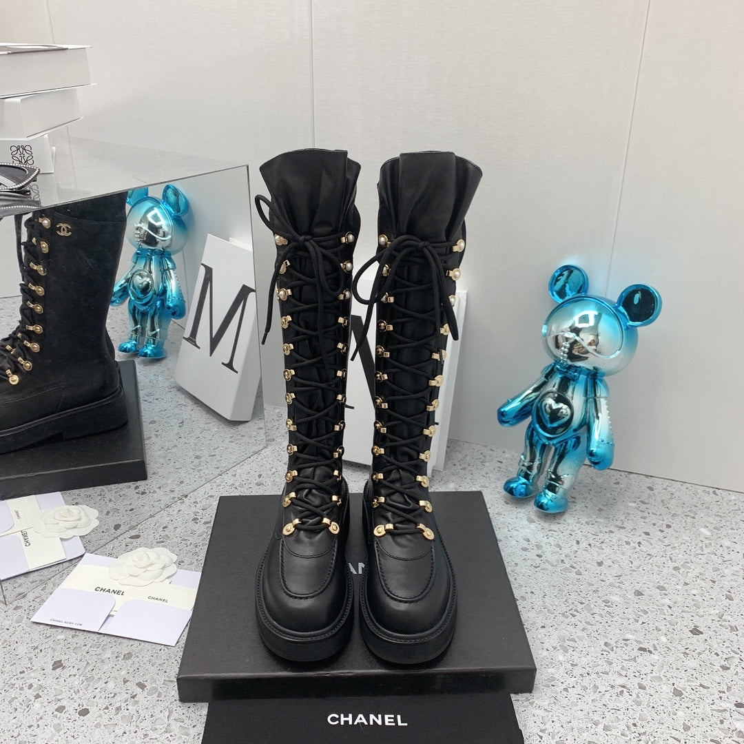 Chanel 2026 Knit Lace Up Combat Boots Black Calfskin 162215