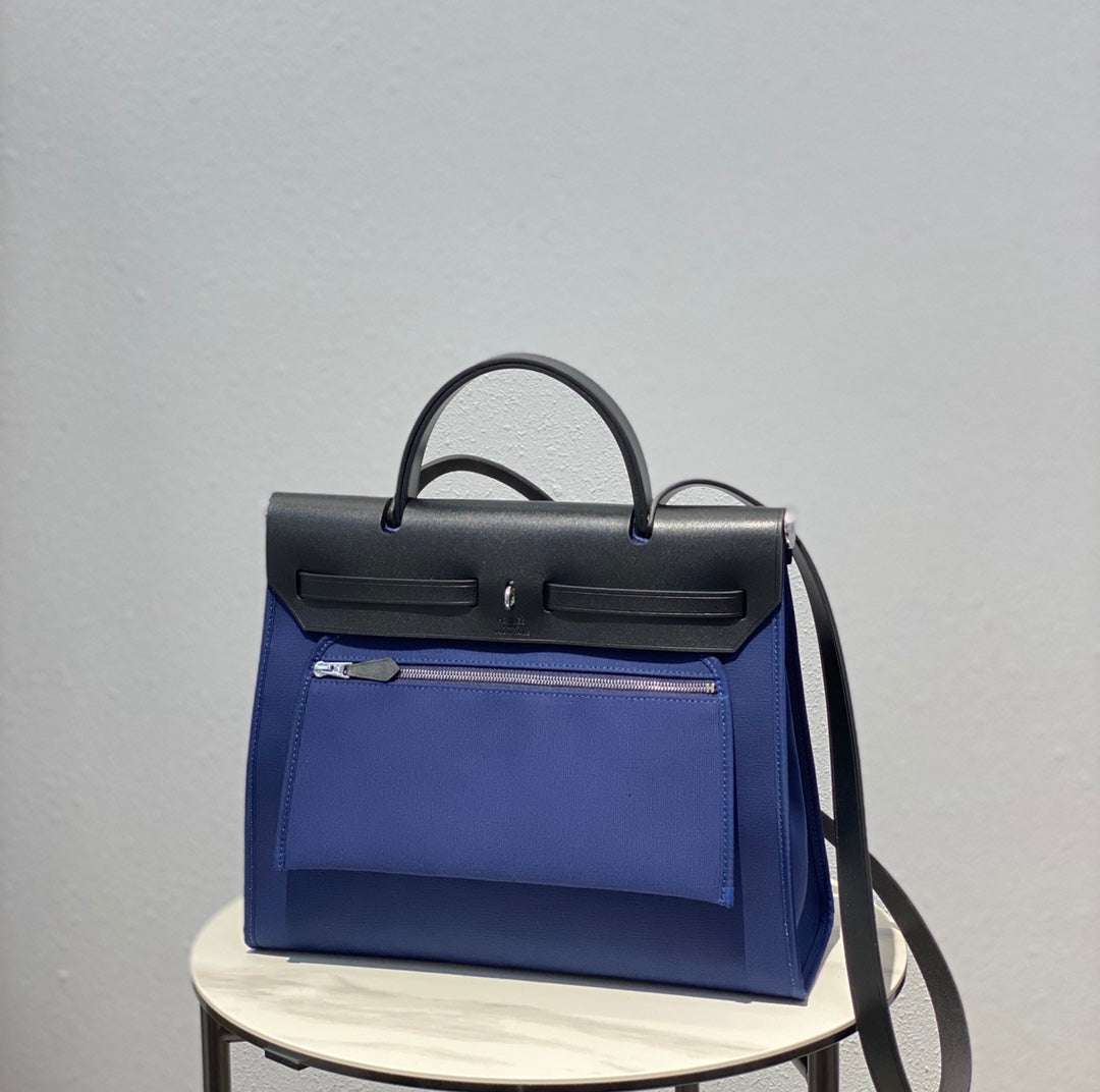 Herbag 31 Toile Blue Canvas Black Cowhide Leather
