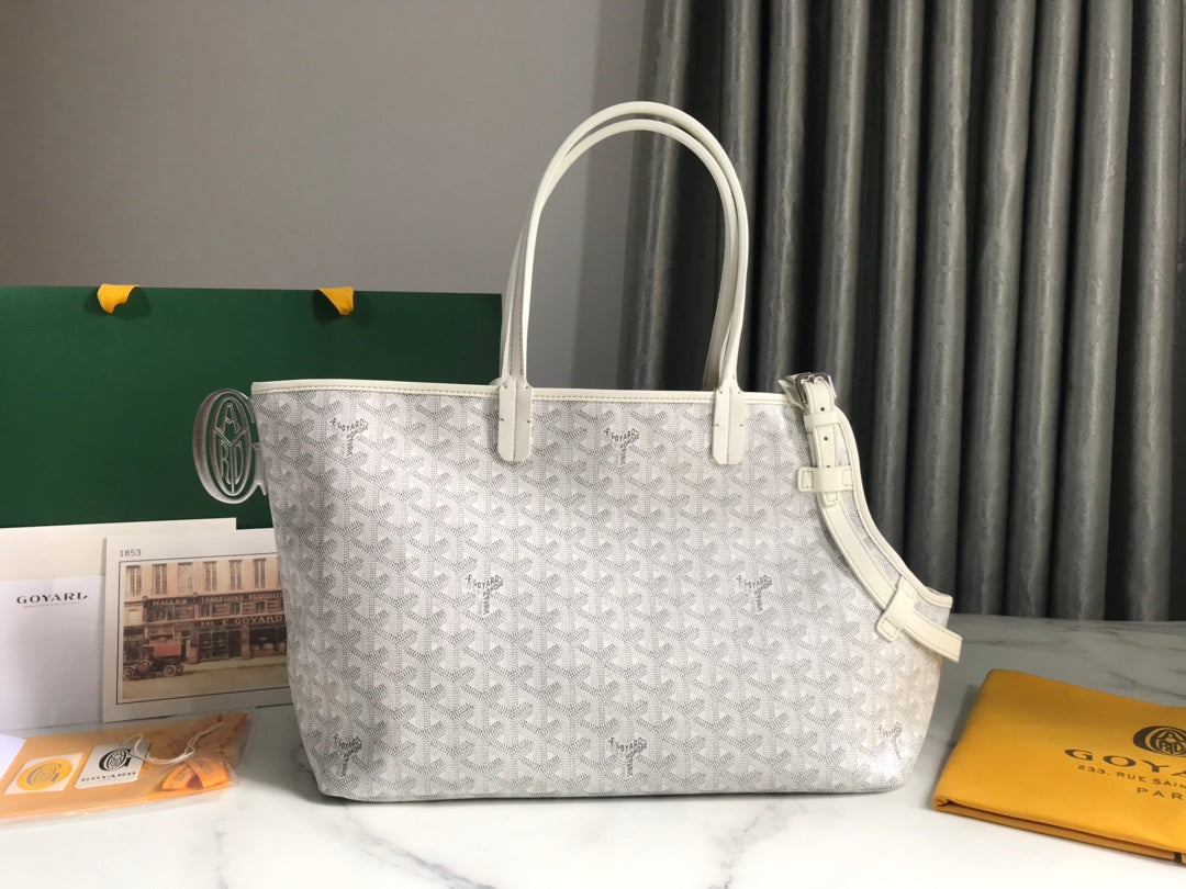 CHIEN GRIS BAG 33 IN WHITE GOYARDINE CANVAS AND TAN CALFSKIN TRIM