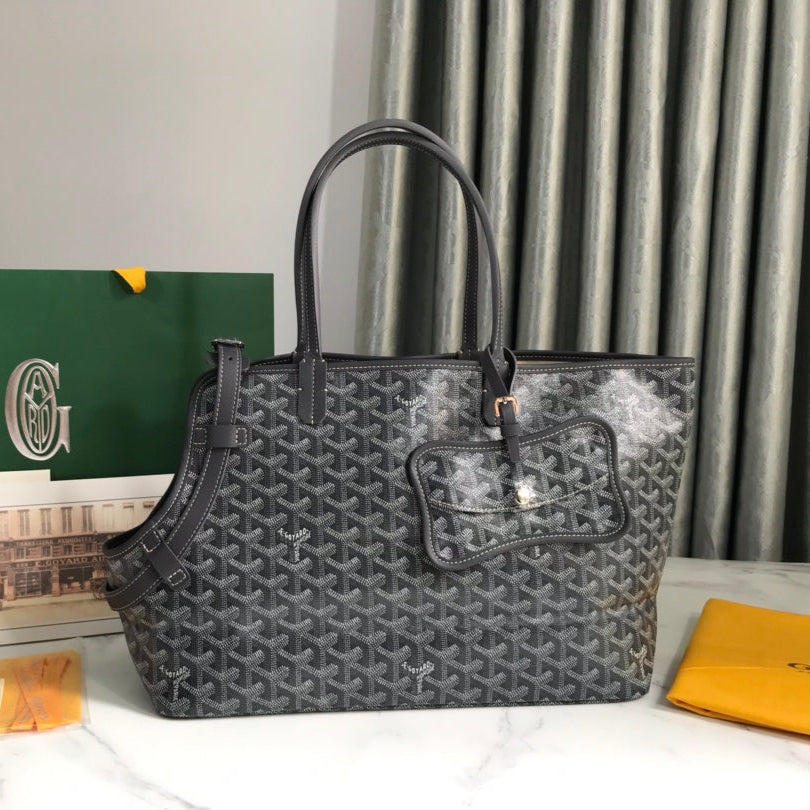 CHIEN GRIS BAG 33 IN GREY BLACK GOYARDINE CANVAS AND CALFSKIN TRIM