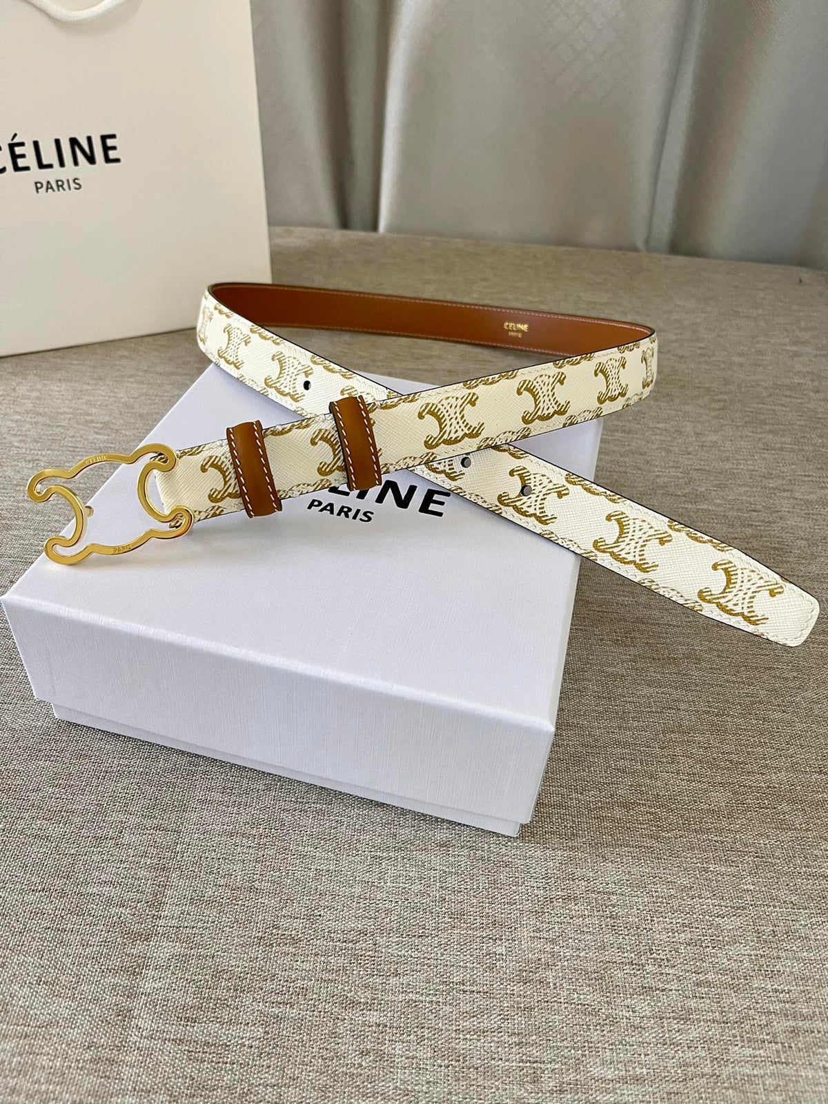 CL logo Cut-out Belt 25mm White Tan Triomphe Canvas Ghw