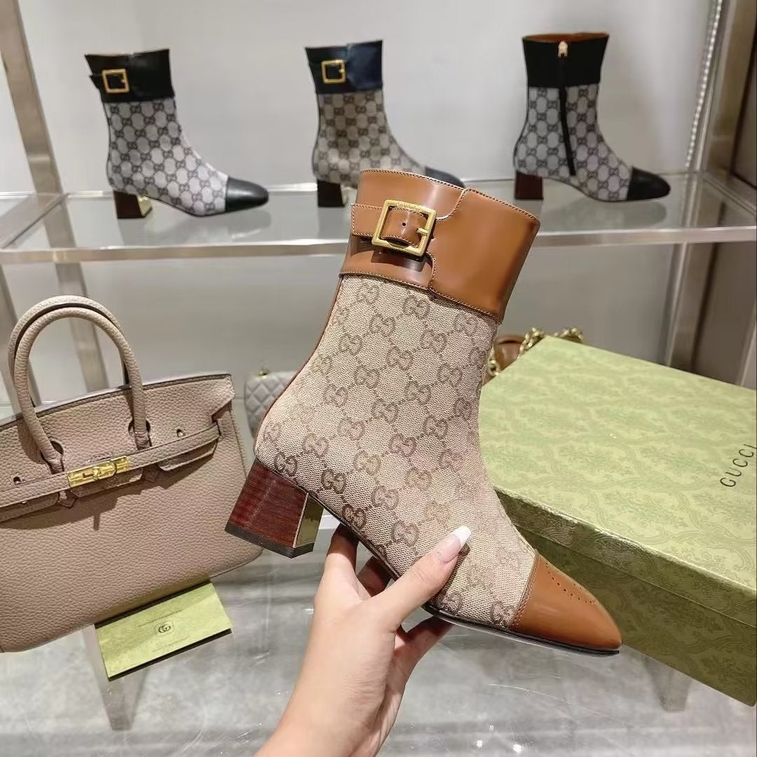 Gucci 2025 Boot Brown Mix Beige Cowhide Canvas 455303