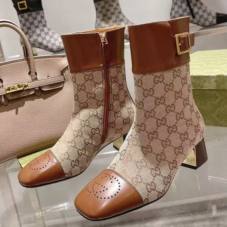 Gucci 2025 Boot Brown Mix Beige Cowhide Canvas 455303