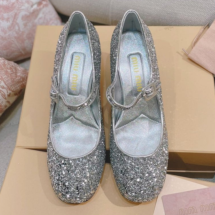 Miu Miu 2026 Round-Toe Pumps 65mm Patent Leather Glitter 155501