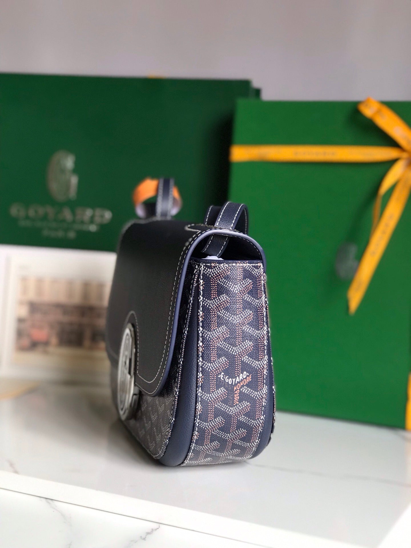 233 BAG 25 IN NAVY BLUE CALFSKIN AND GOYARDINE CANVAS
