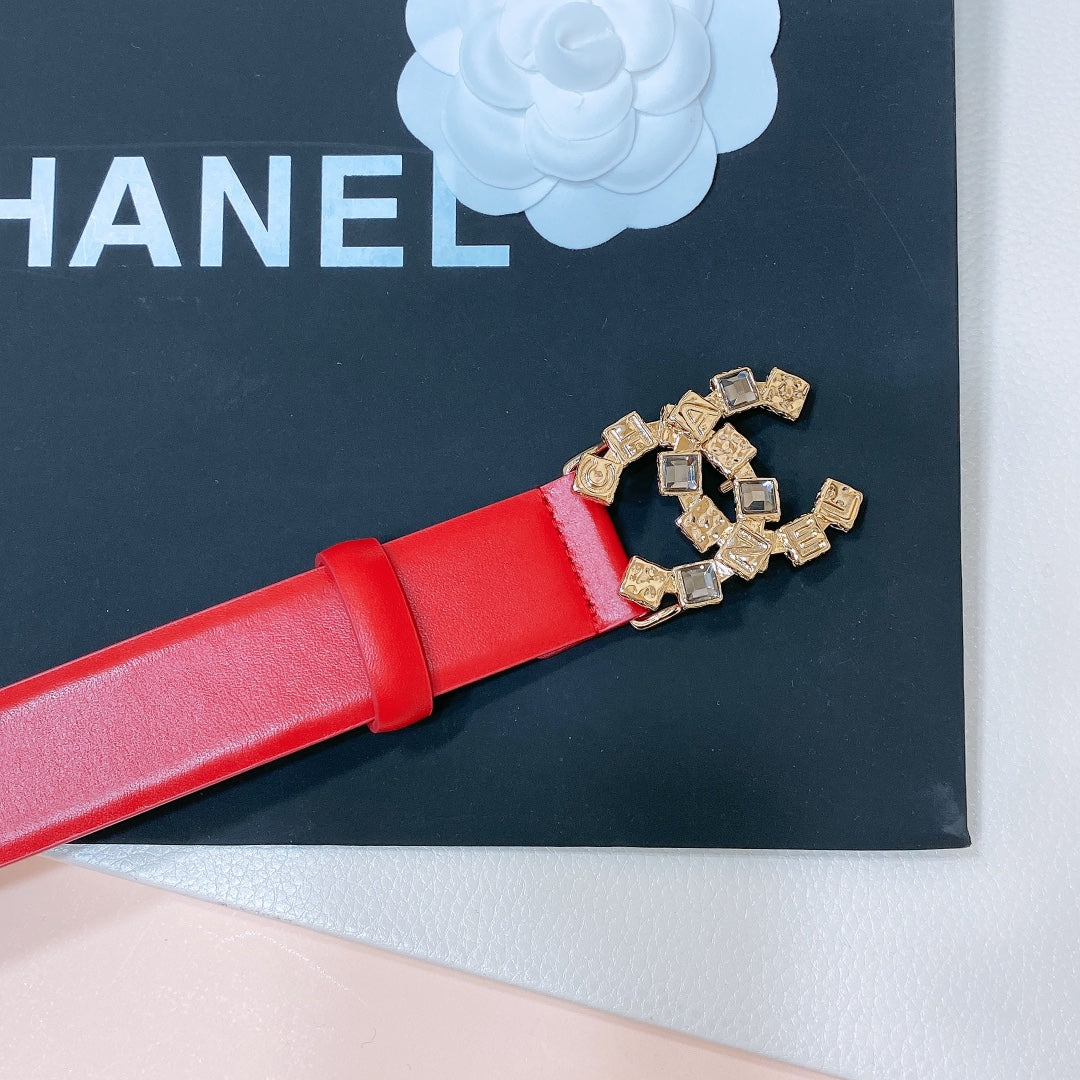 CHANEL BELT 3CM RED LAMBSKIN WITH CRYSTAL GOLD HARDWARE
