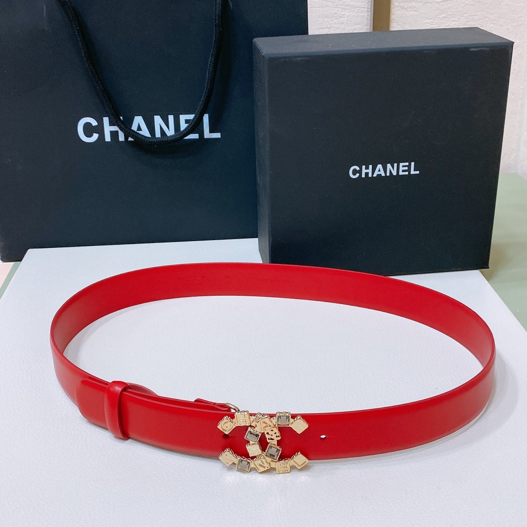 CHANEL BELT 3CM RED LAMBSKIN WITH CRYSTAL GOLD HARDWARE