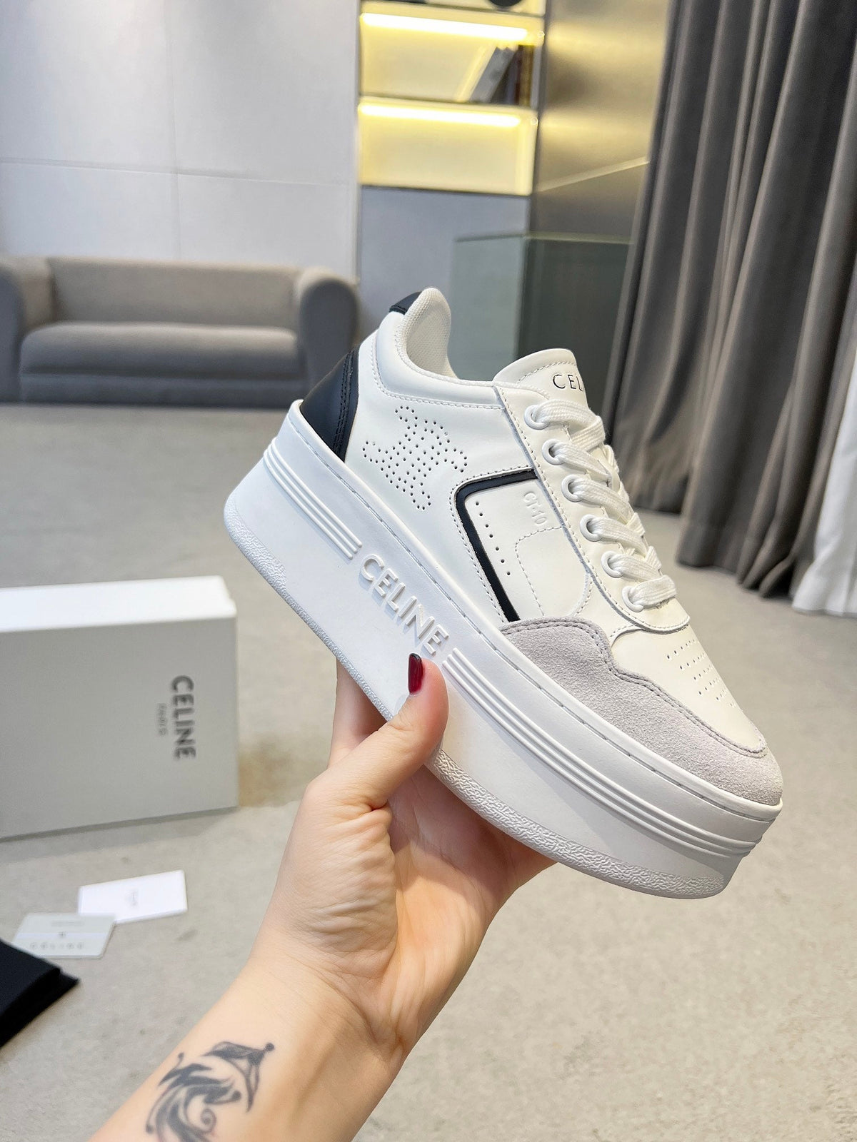 Celine 2026 CT-10 Trainer Sneakers White Gray Black Cowhide Suede 983047