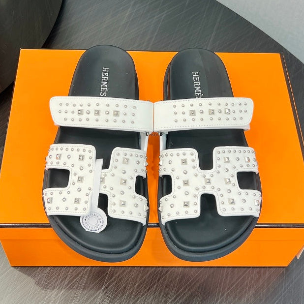 Hermes 2026 Chypre Sandal Ponyhair With Studded Details Black White Cowhide 674993