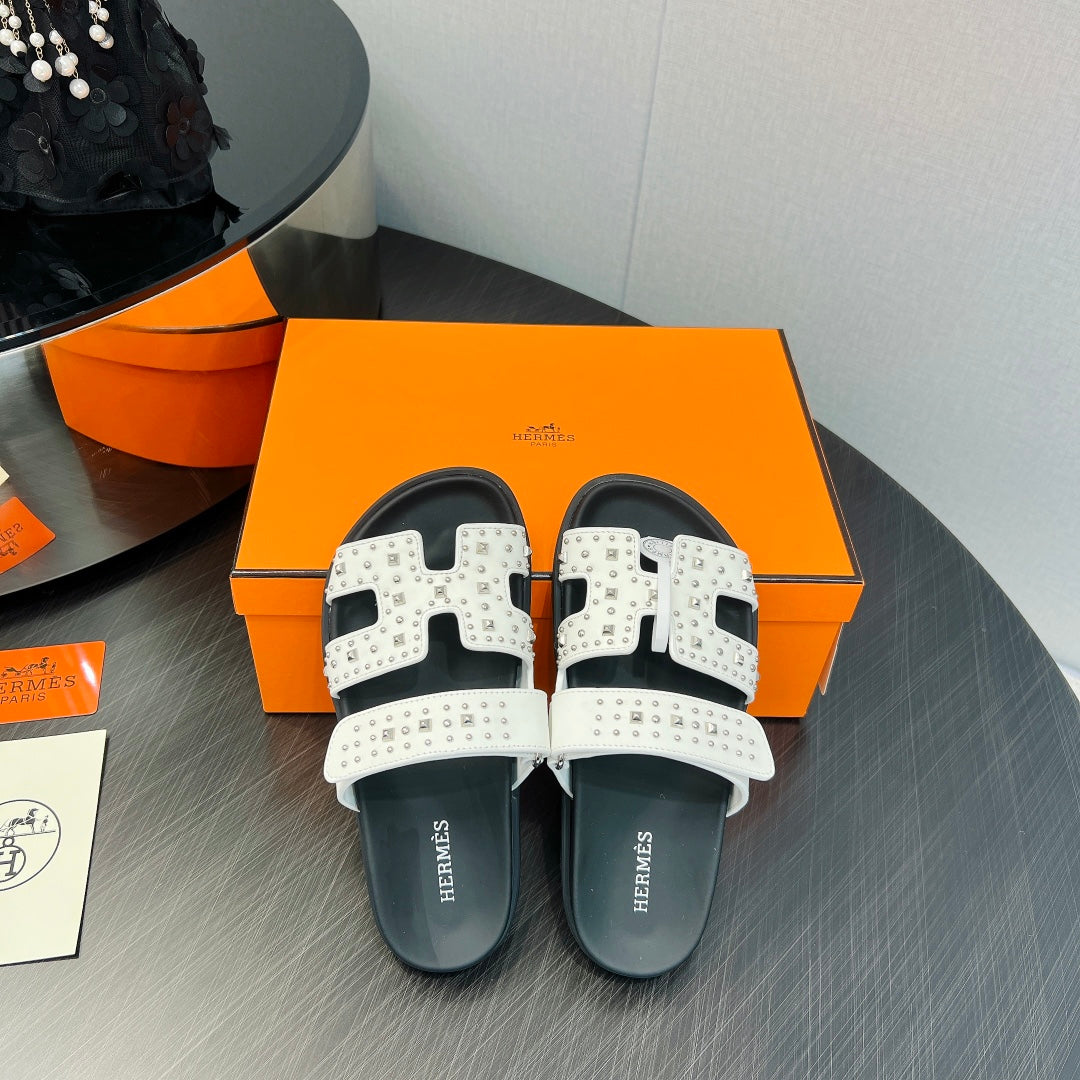 Hermes 2026 Chypre Sandal Ponyhair With Studded Details Black White Cowhide 674993