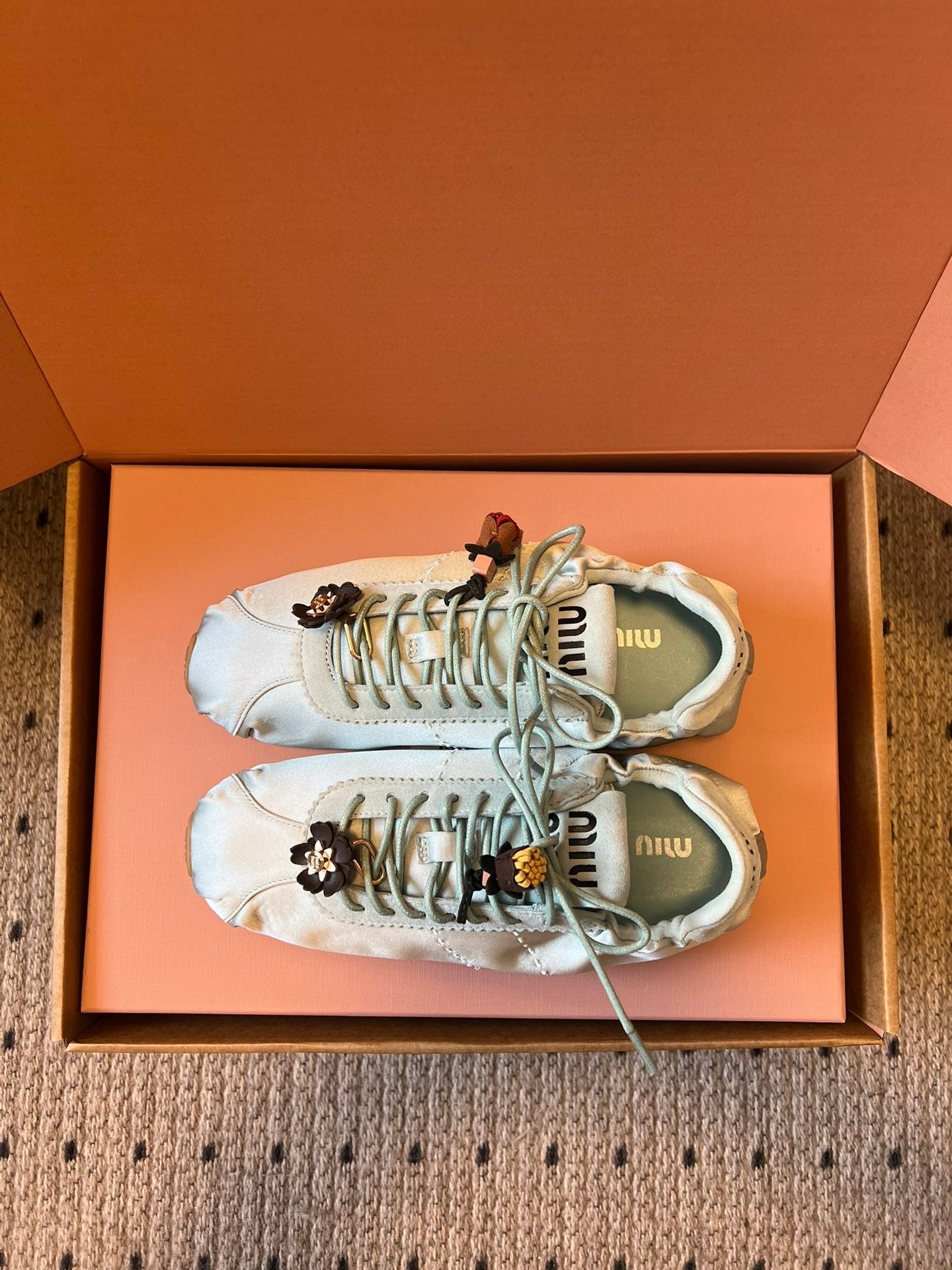 Miu Miu 2026  Plume Sneaker With Floral Charm Light Blue Satin 621342