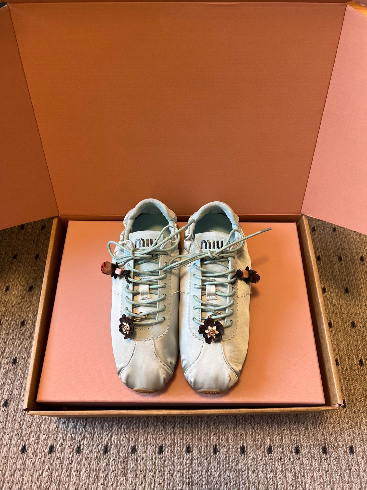 Miu Miu 2026  Plume Sneaker With Floral Charm Light Blue Satin 621342