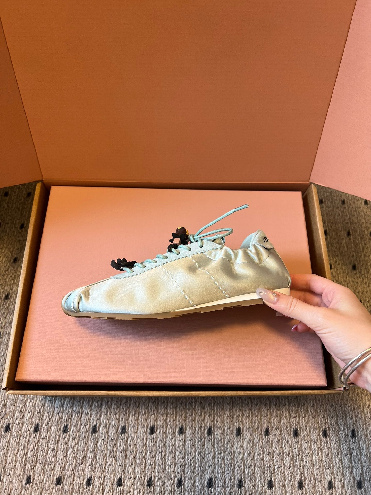 Miu Miu 2026  Plume Sneaker With Floral Charm Light Blue Satin 621342