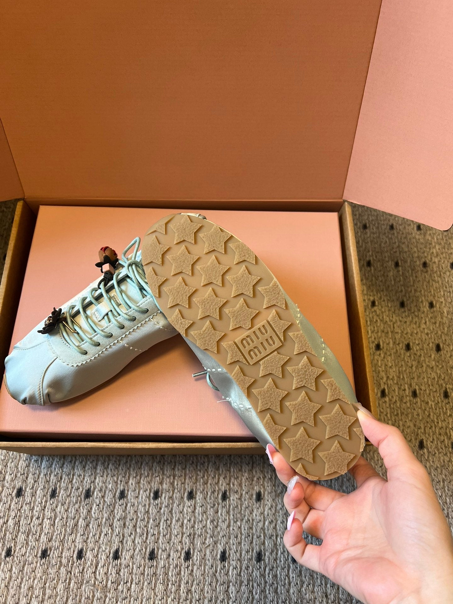 Miu Miu 2026  Plume Sneaker With Floral Charm Light Blue Satin 621342