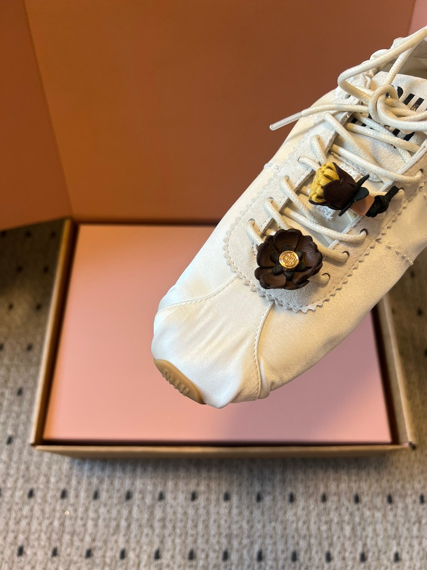 Miu Miu 2026  Plume Sneaker With Floral Charm White Satin 621346