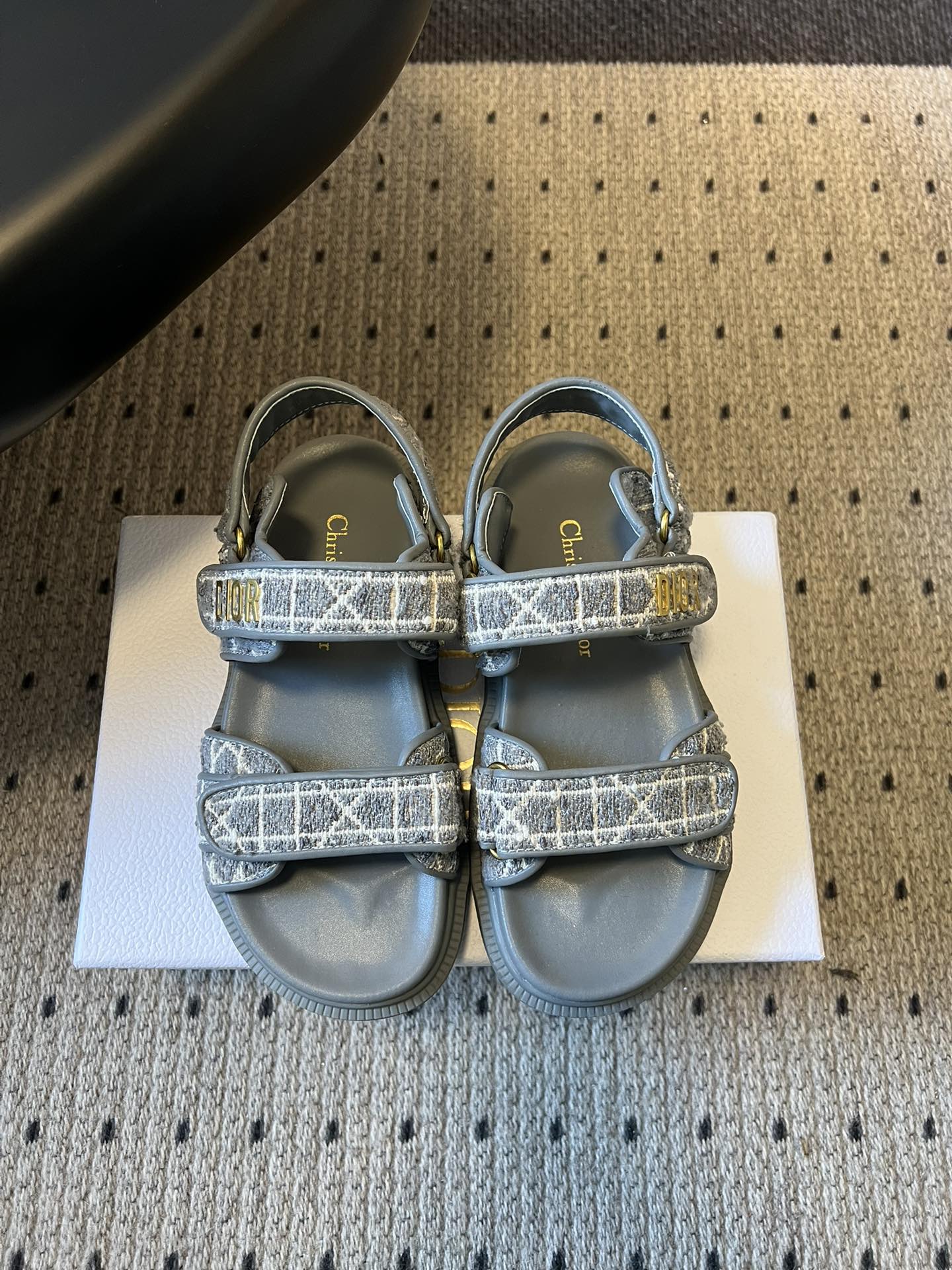 CD 26 Flats Sandals Gray Blue Sheepskin Embroidered Fabric 621800