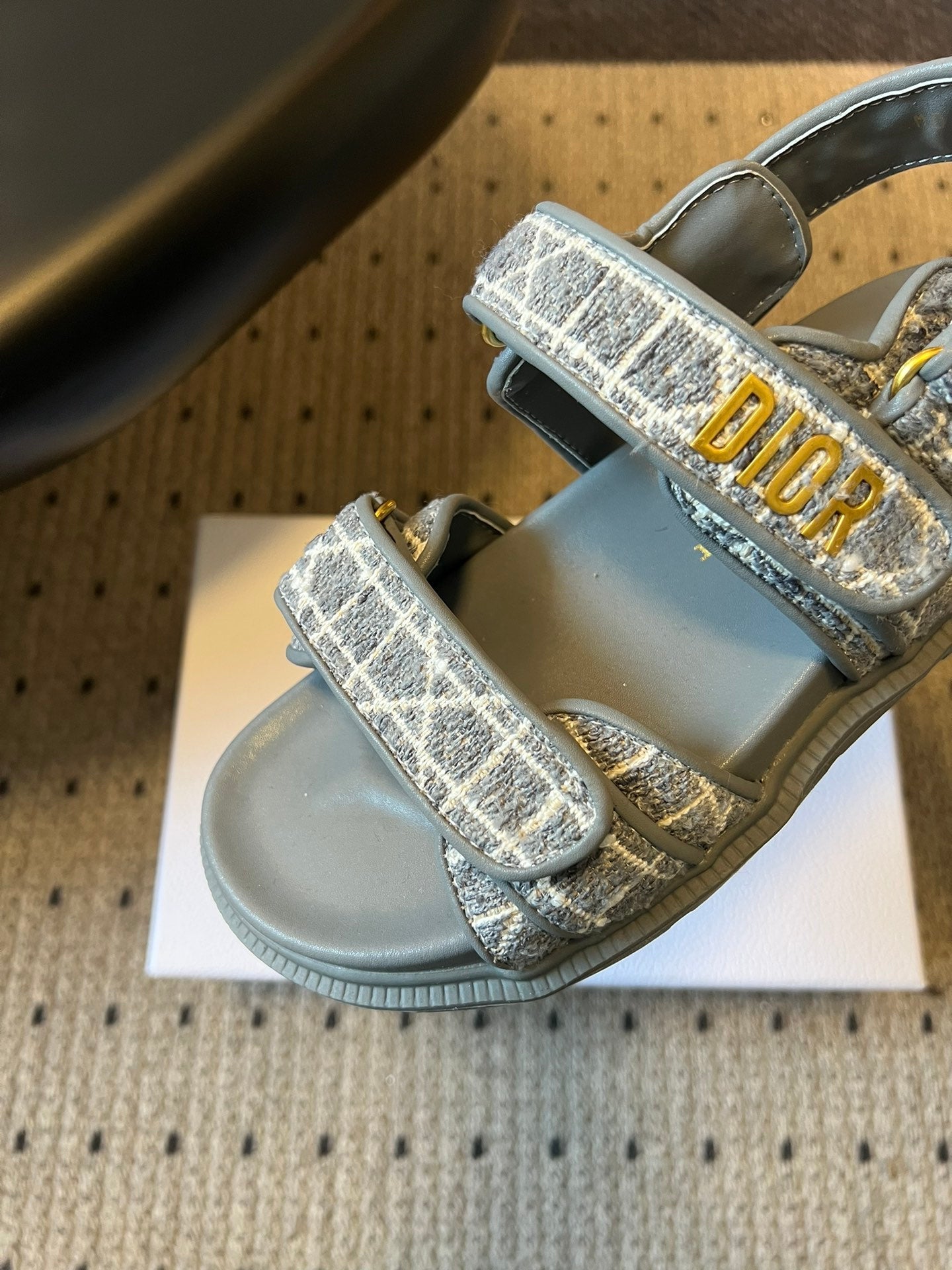 CD 26 Flats Sandals Gray Blue Sheepskin Embroidered Fabric 621800