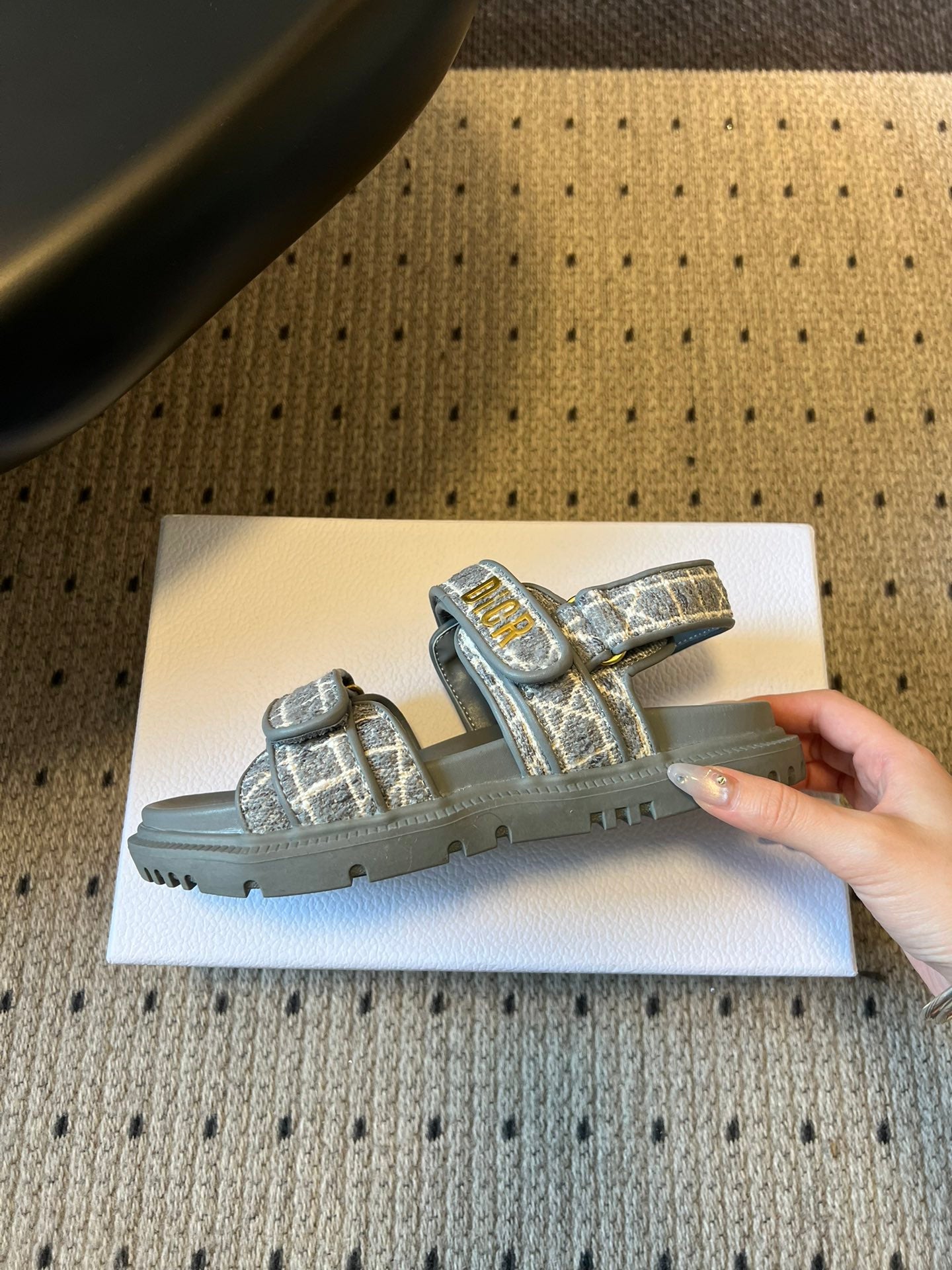 CD 26 Flats Sandals Gray Blue Sheepskin Embroidered Fabric 621800