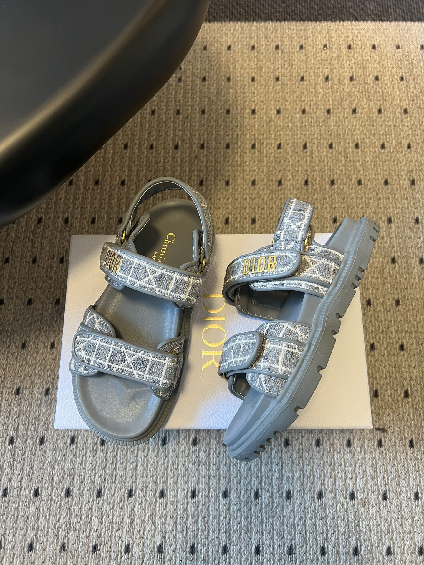 CD 26 Flats Sandals Gray Blue Sheepskin Embroidered Fabric 621800