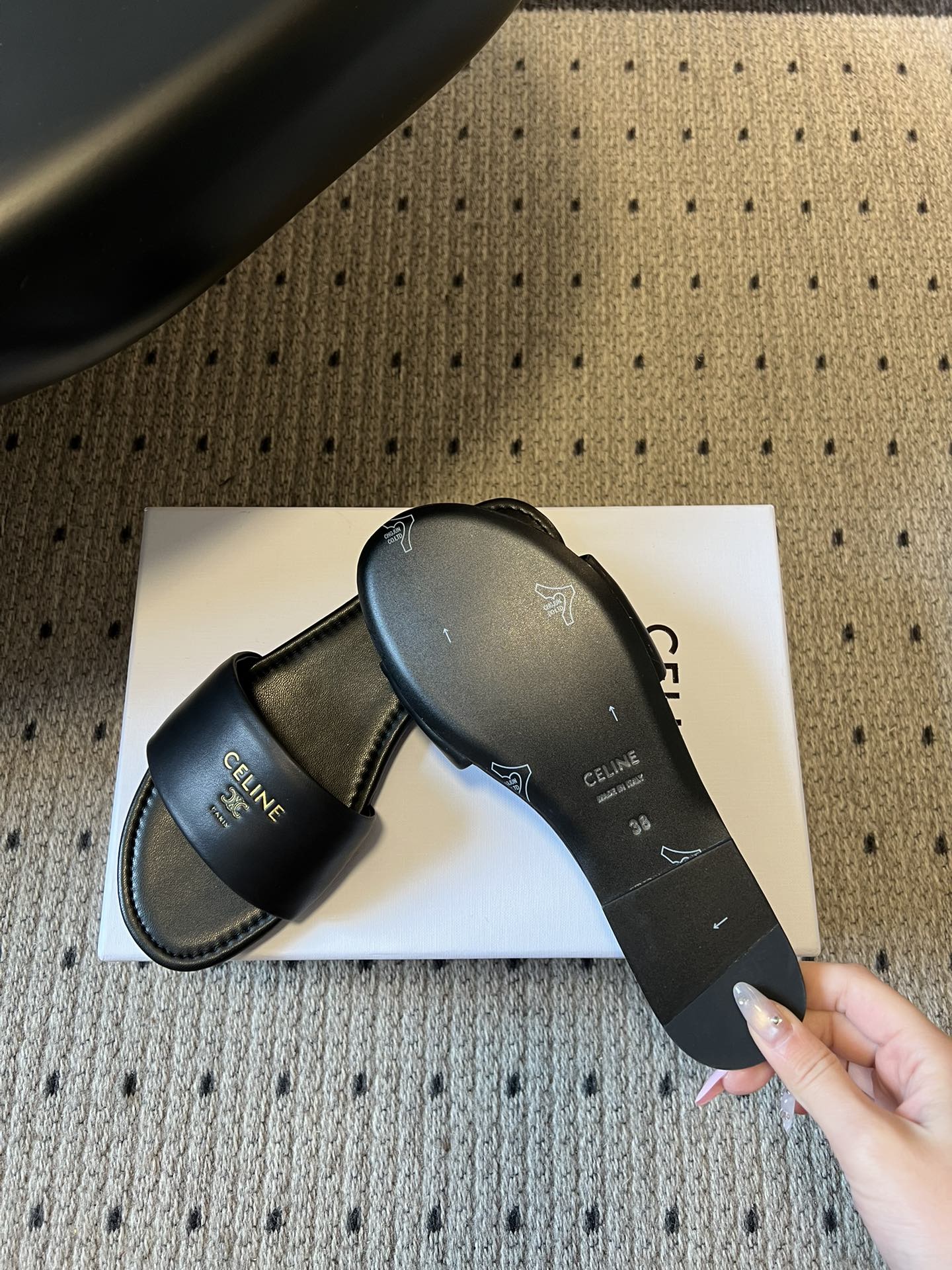 Celine 26  Flat Mule Slippers Black Sheepskin 621528