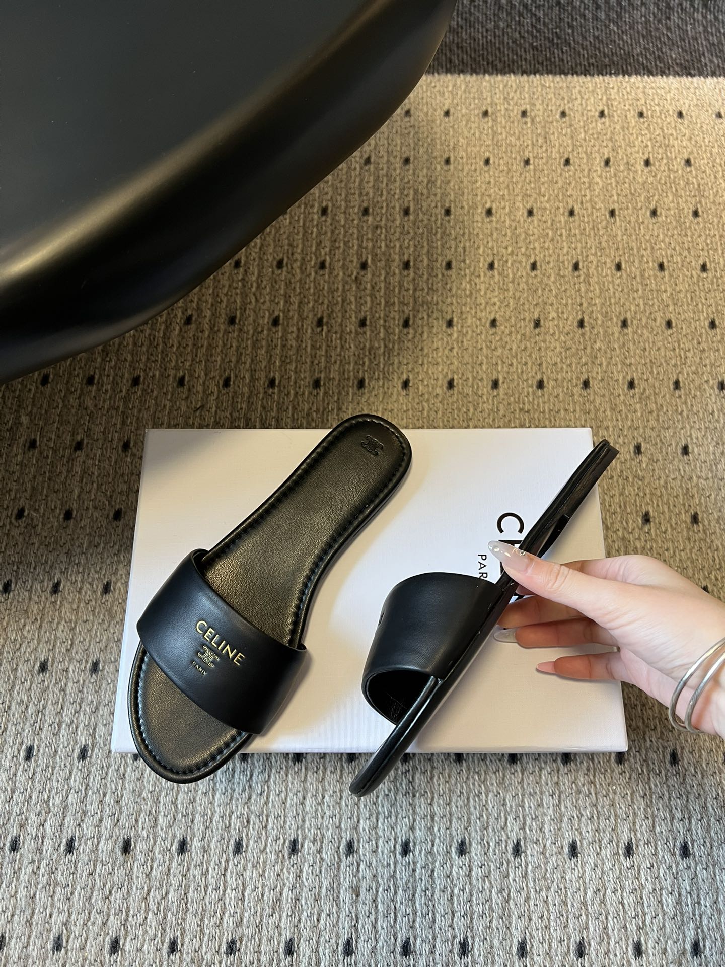 Celine 26  Flat Mule Slippers Black Sheepskin 621528