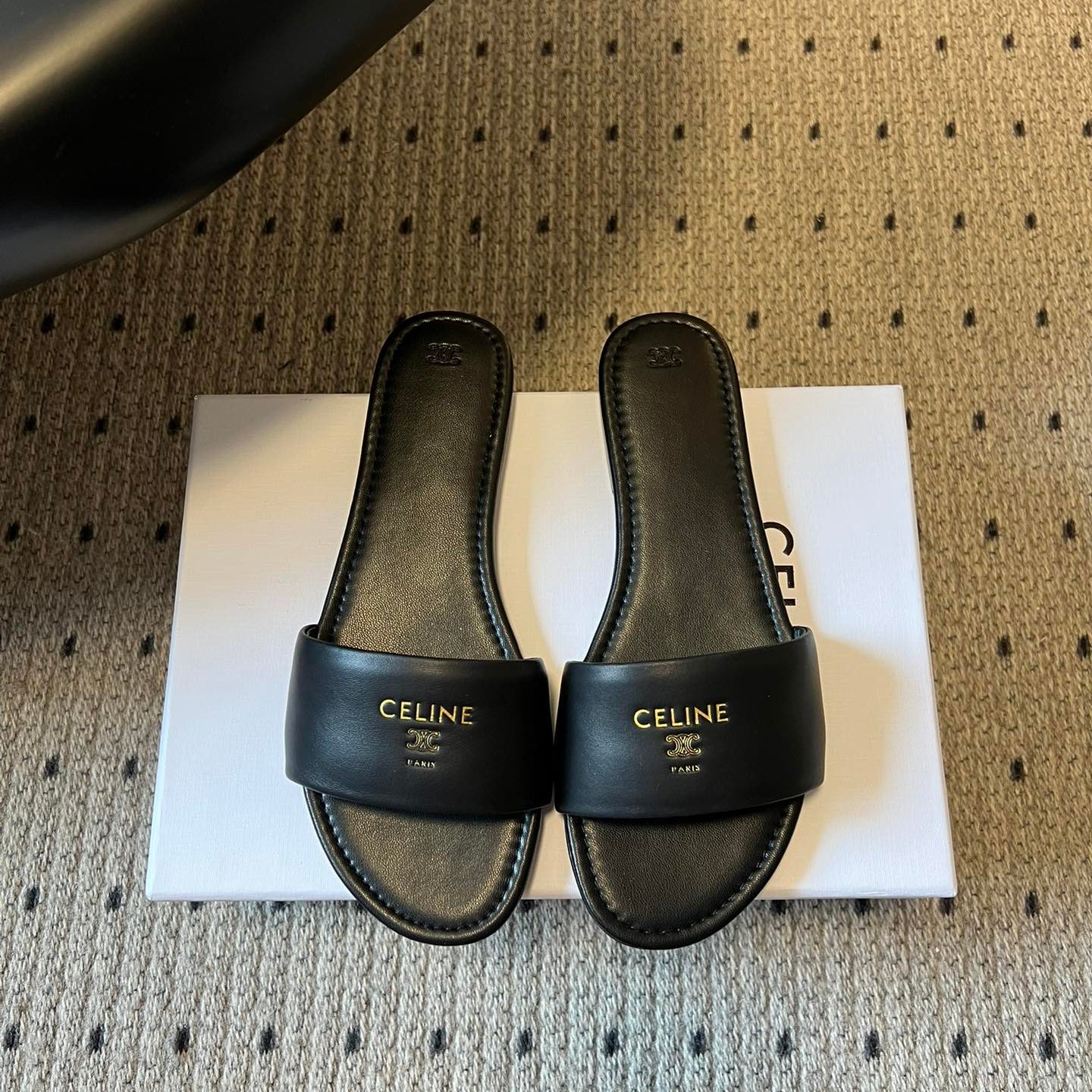 Celine 26  Flat Mule Slippers Black Sheepskin 621528