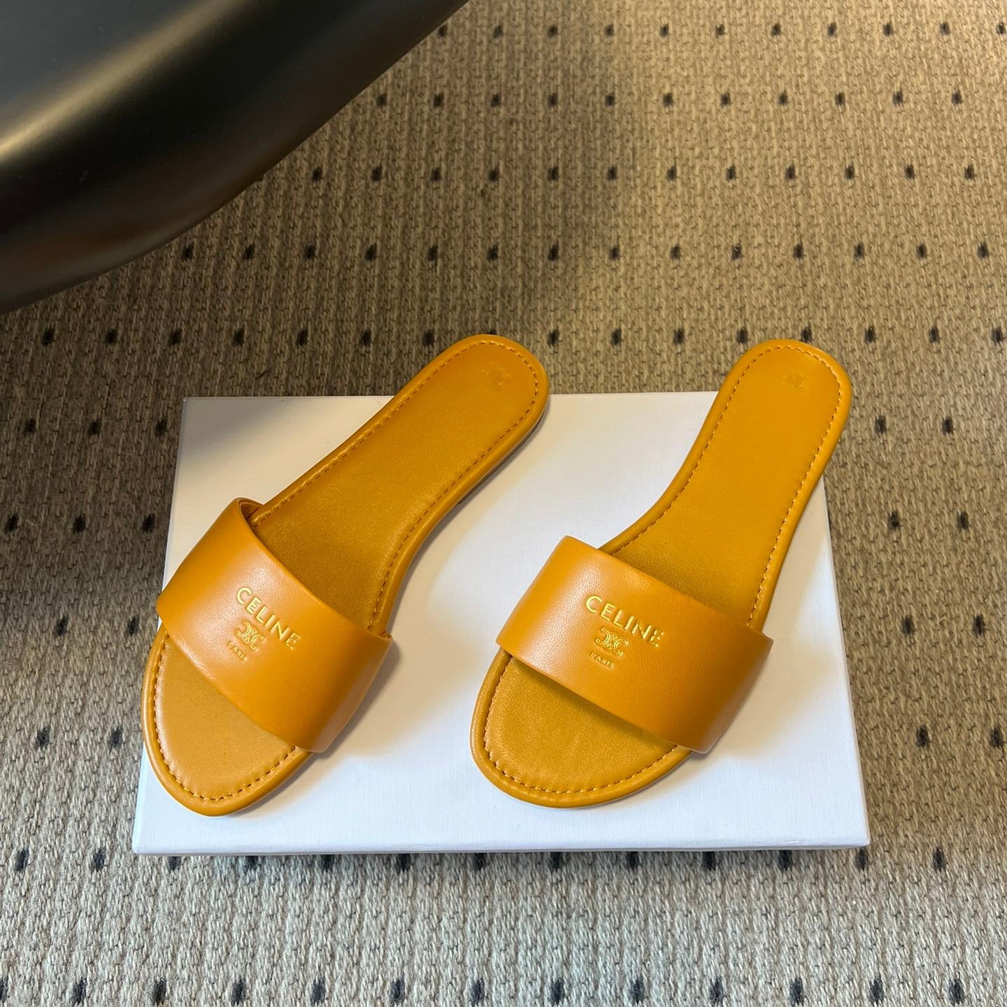 Celine 26  Flat Mule Slippers Mustard Yellow Sheepskin 621529
