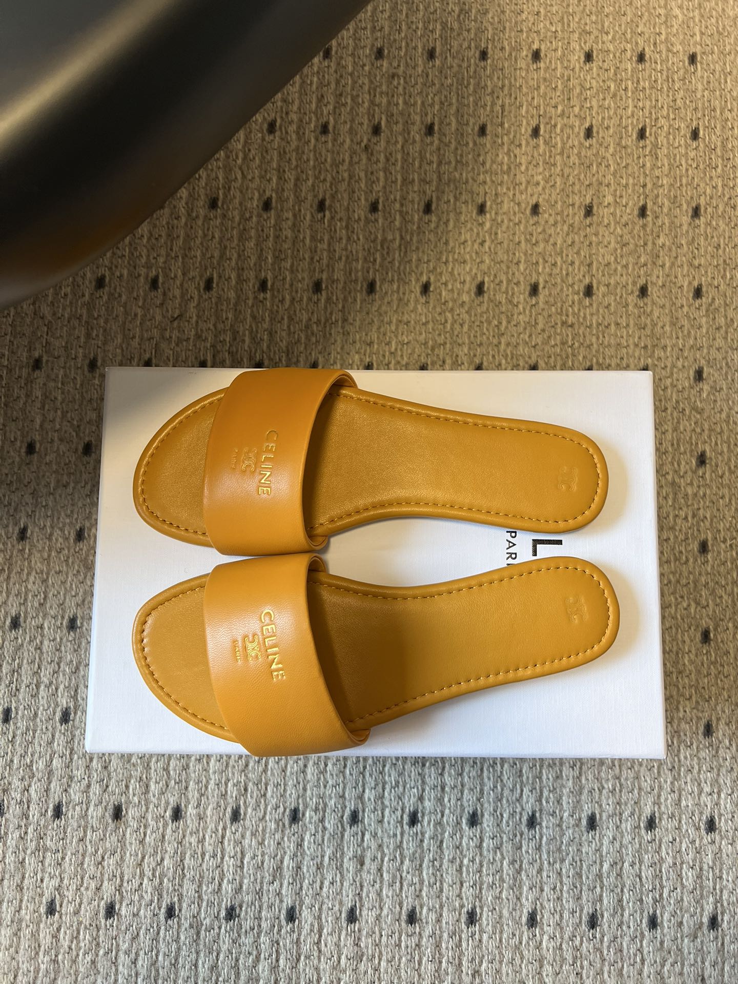 Celine 26  Flat Mule Slippers Mustard Yellow Sheepskin 621529