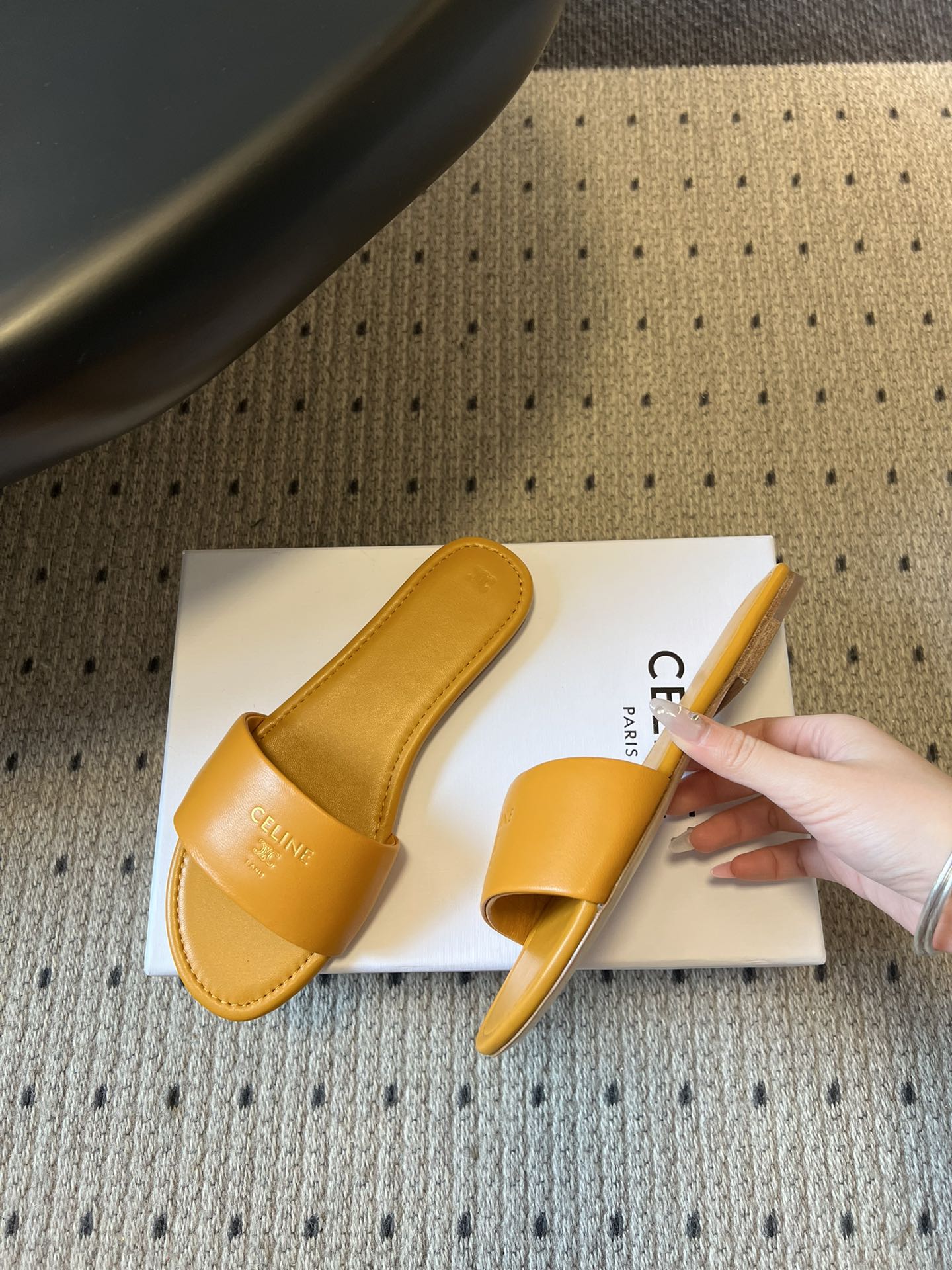 Celine 26  Flat Mule Slippers Mustard Yellow Sheepskin 621529