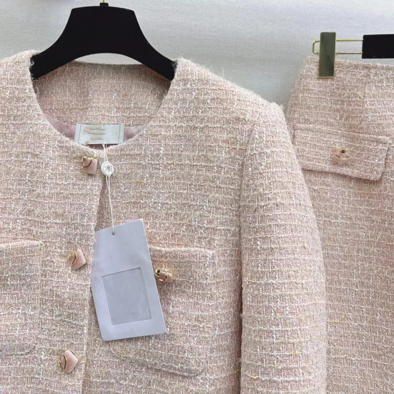 Chanel 2026 Cropped Long-Sleeved Jacket Skirt Set Light Pink Tweed