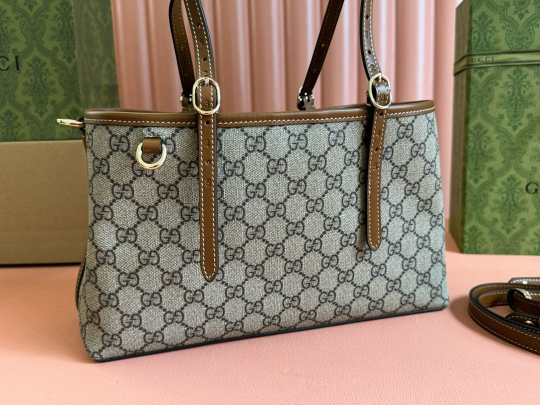 Gucci GG Emblem Small Tote Bag Beige Ebony Leather