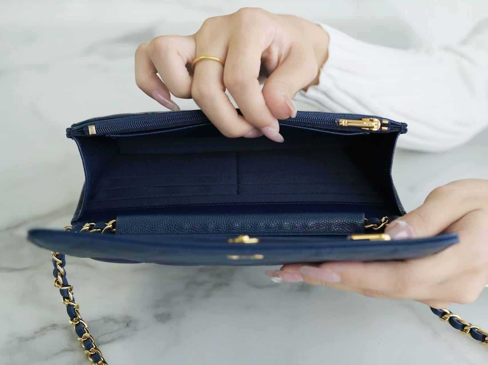 CC Wallet On Chain Woc Navy Blue Caviar leather Gold Hardware