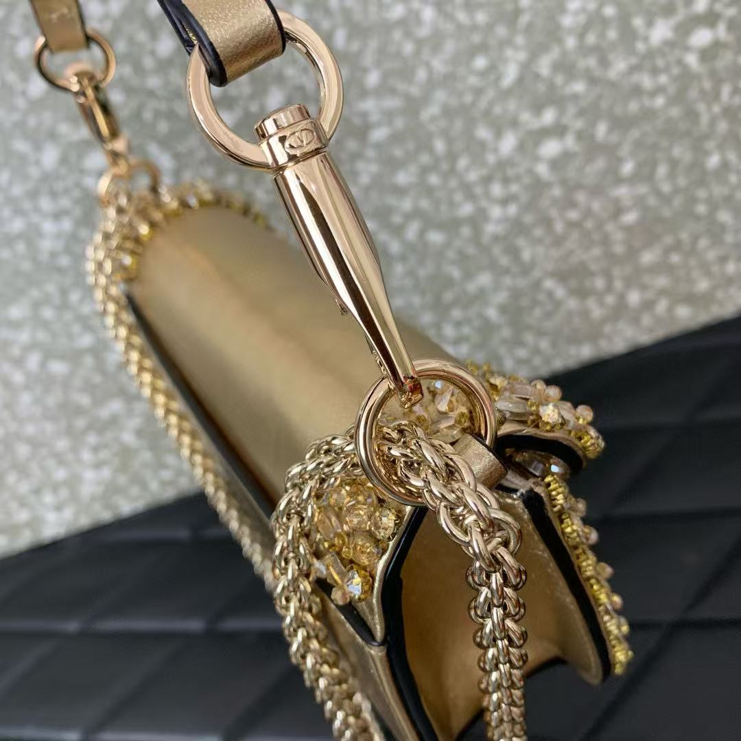 Valentino Loco Embroidered Handbag Gold Leather