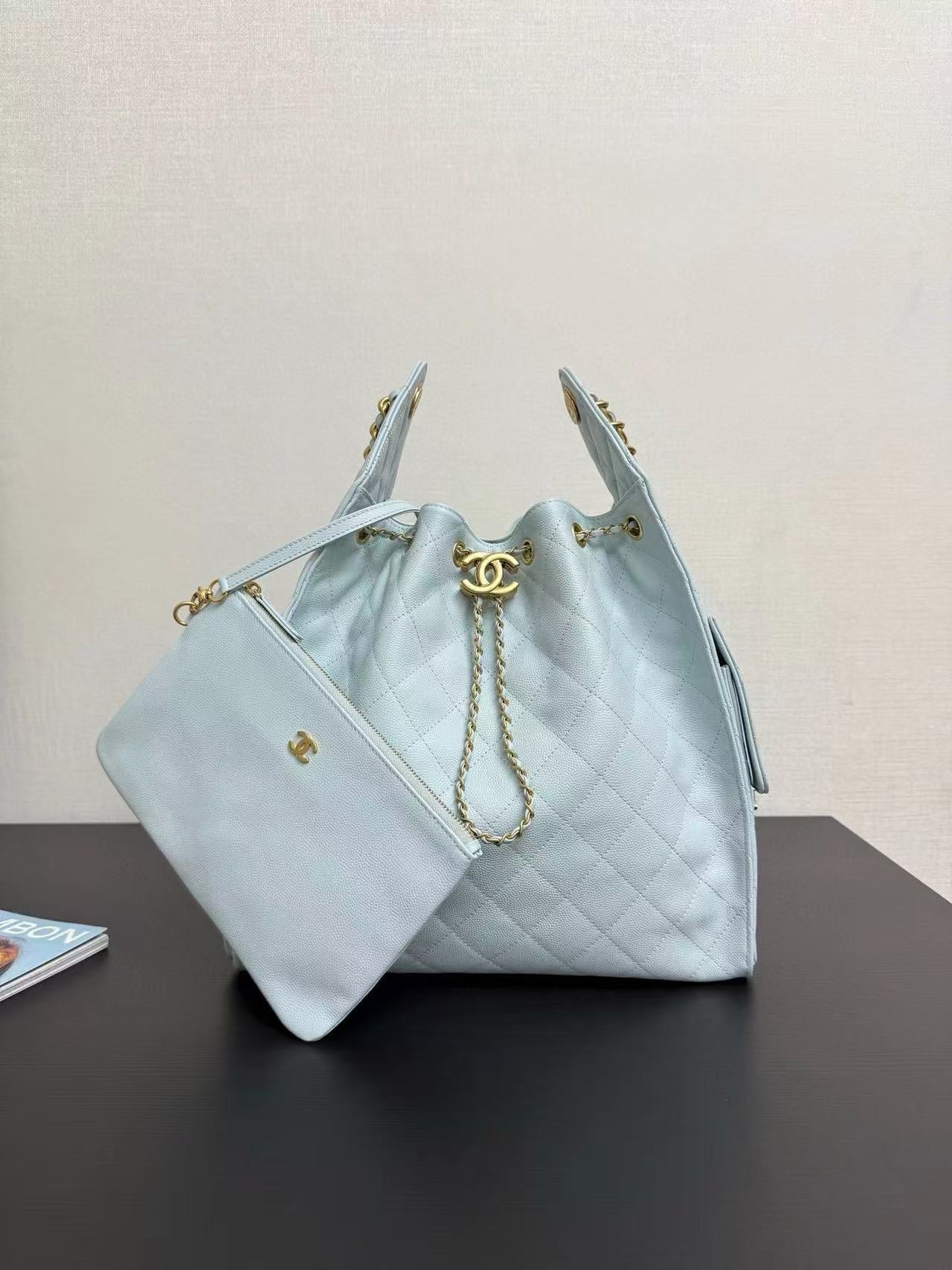 Chanel 2025 Hobo Bag 40cm Light Blue Grained Calfskin