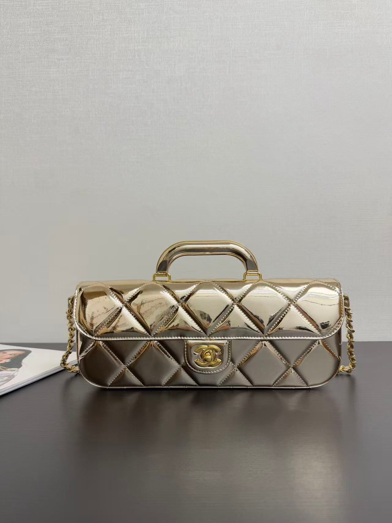 Chanel Flap Bag With Top Handle Metallic Mirror Calfskin And Gold-Tone Metal