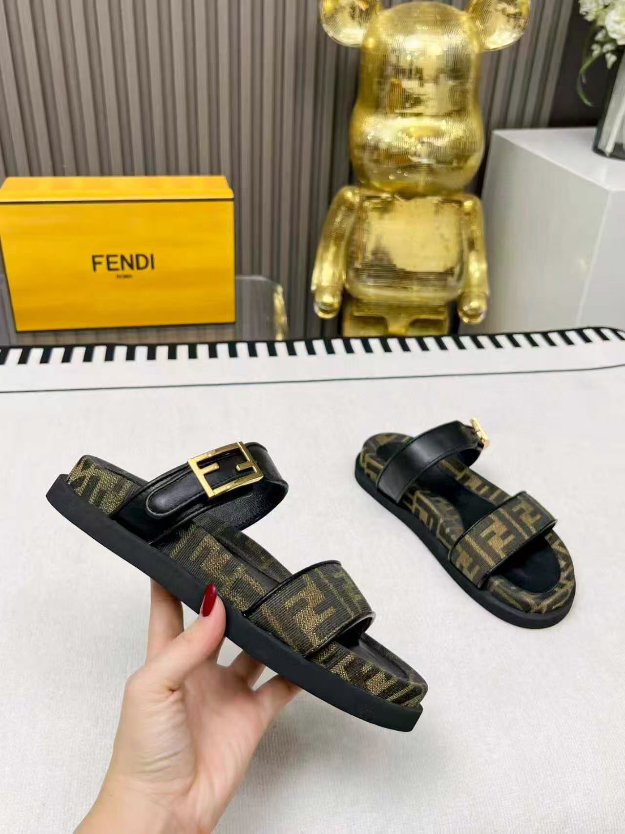Fendi 2025 FF Logo Double Strap Sandal Brown Black Leather Canvas