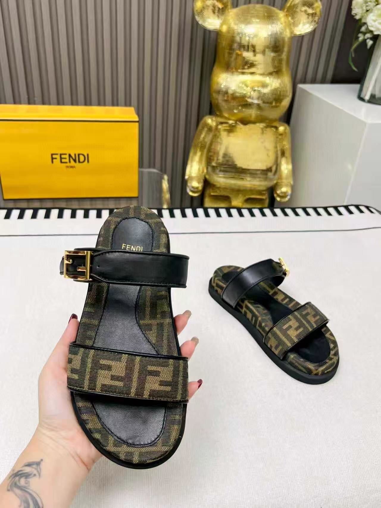 Fendi 2025 FF Logo Double Strap Sandal Brown Black Leather Canvas