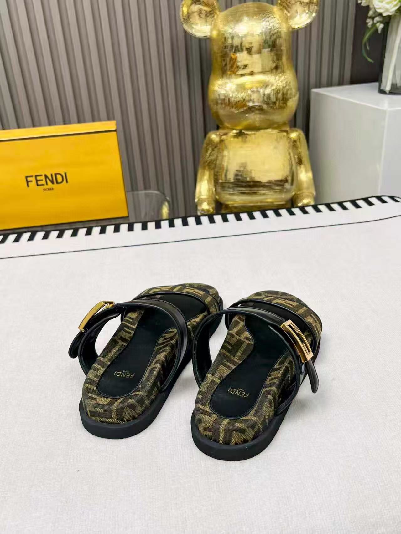 Fendi 2025 FF Logo Double Strap Sandal Brown Black Leather Canvas