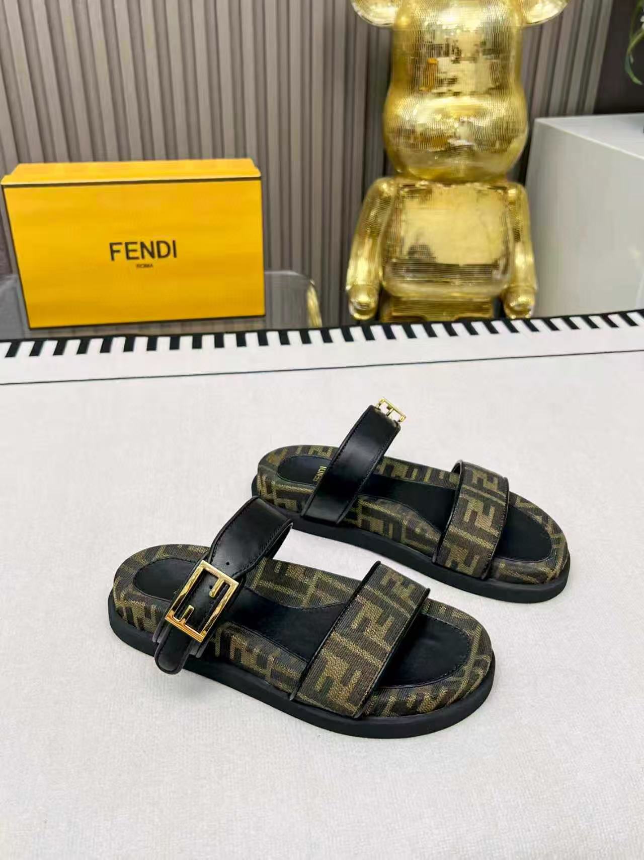 Fendi 2025 FF Logo Double Strap Sandal Brown Black Leather Canvas