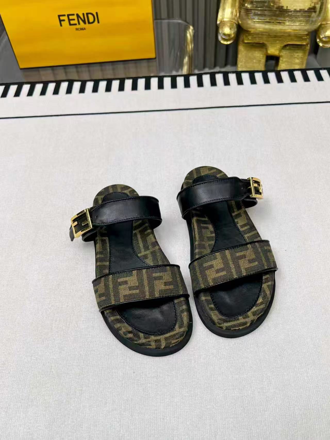 Fendi 2025 FF Logo Double Strap Sandal Brown Black Leather Canvas