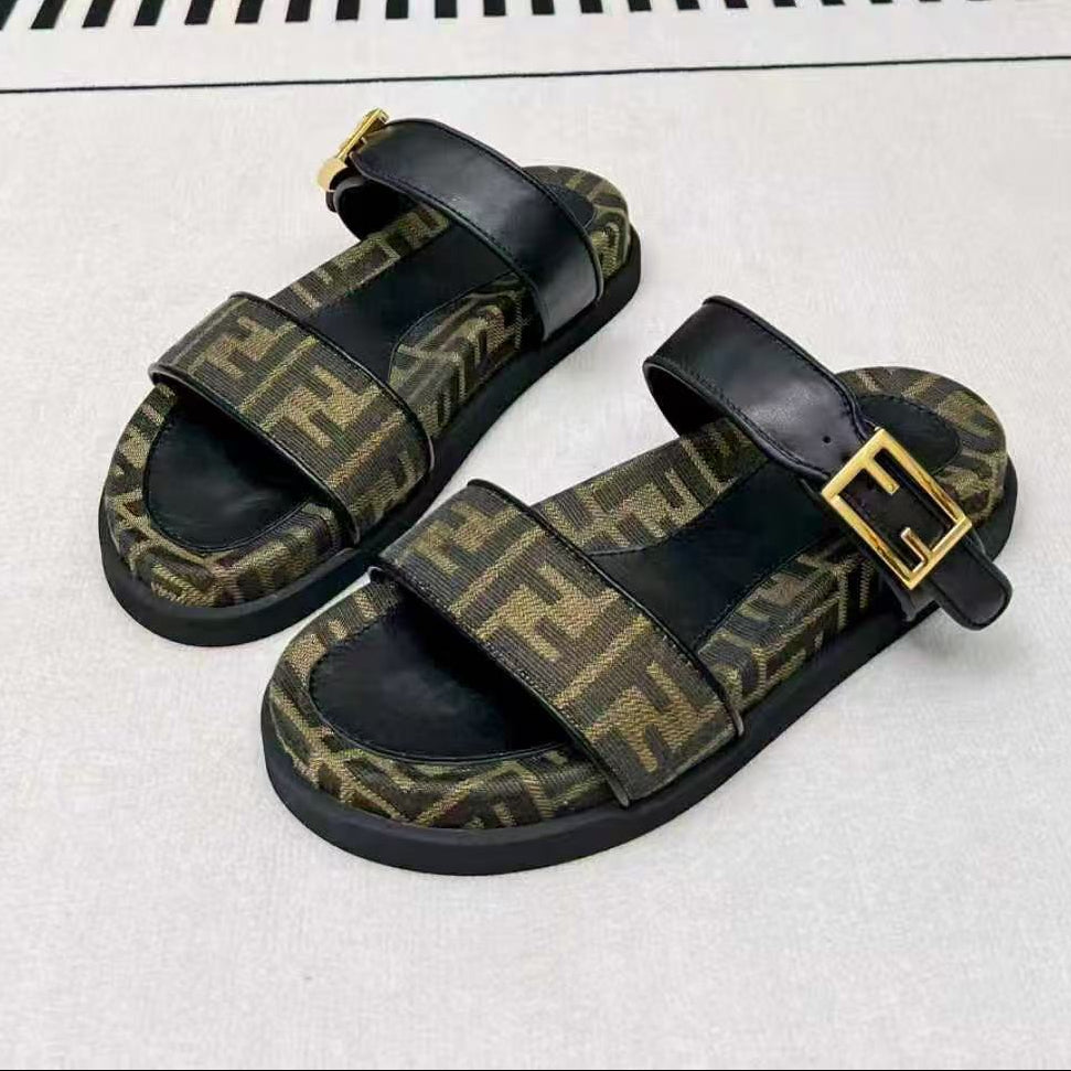 Fendi 2025 FF Logo Double Strap Sandal Brown Black Leather Canvas