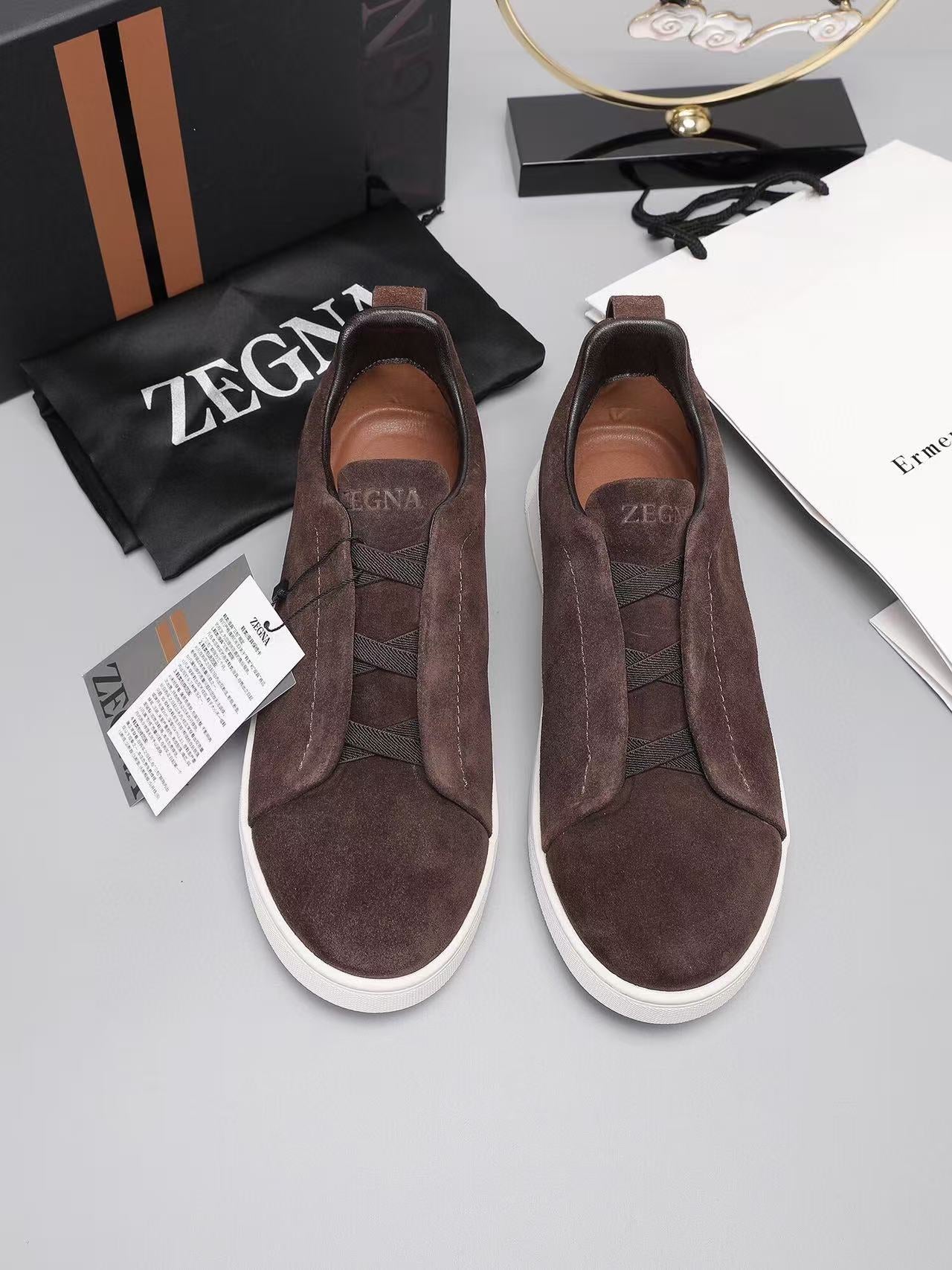 Zegna Triple Stitch Slip-on Sneaker Dark Brown Suede