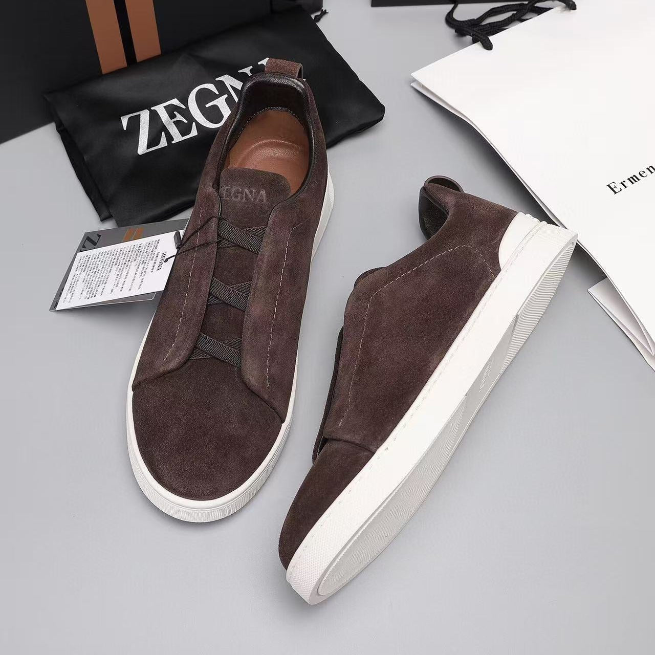 Zegna Triple Stitch Slip-on Sneaker Dark Brown Suede